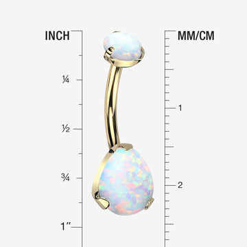 Detail View 1 of Implant Grade Titanium Golden Internally Threaded Teardrop Opal Prong Belly Button Ring-White Opal